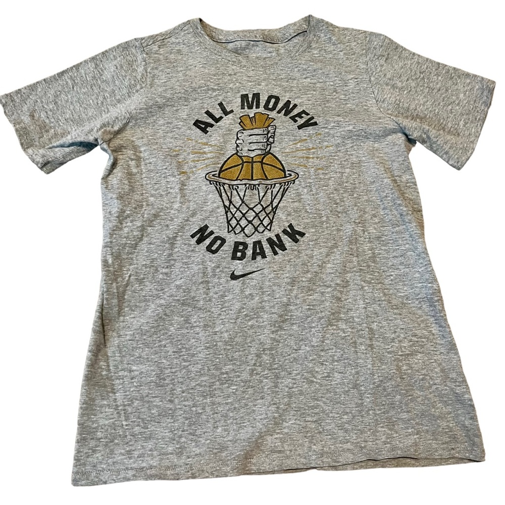 Nike Heather Gray Athletic Tee “All Money No Bank” youth large